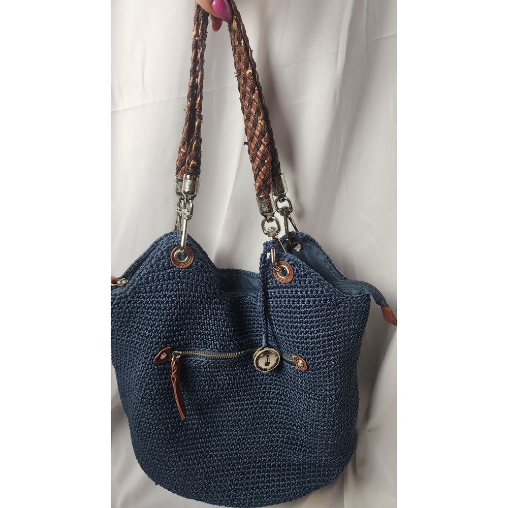 The Sak Indio Crochet Hobo Bag Navy Blue Woven Braided Strap Shoulder Bag 1215